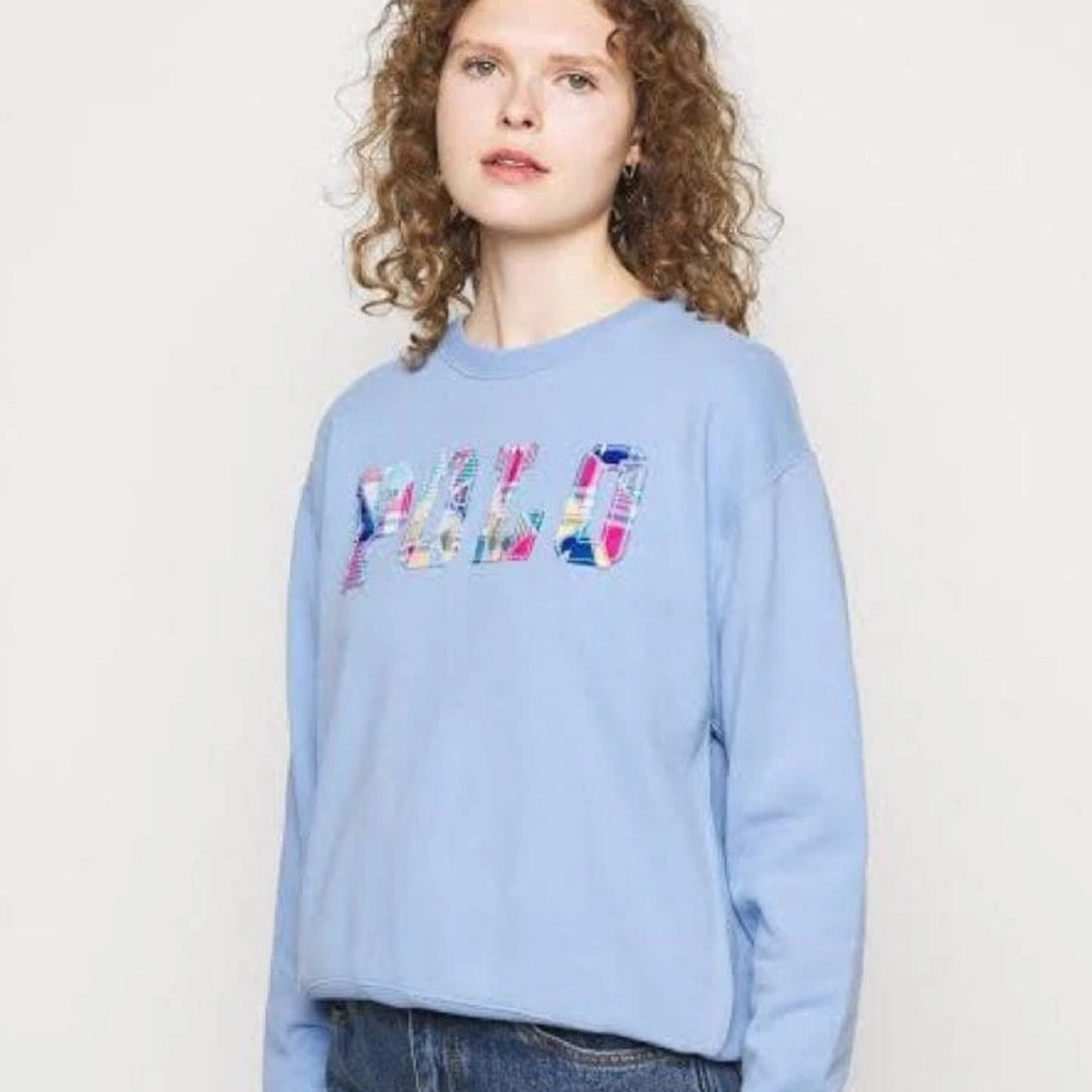 Polo Ralph Lauren Patchwork Light Blue Women's Sweatshirt NWT Size Small